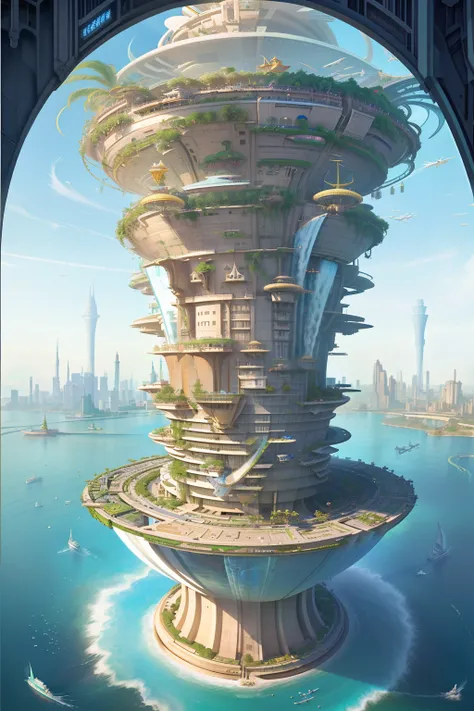 aerial view, stacked architecture city on giant towers and rings with many arches and bridges and flowering terraces, (colorful vegetation:1.3), sci-fi futuristic architecture, waterfalls, many boats and ships, a matte painting by james gurney, trending on...