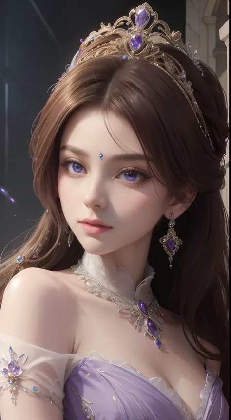 tmasterpiece，Highest image quality，Beautiful bust of a royal lady，Delicate brown hairstyle，Violet eyes are clear，Embellished with a dazzling array of intricate jewelry，super detailing，upscaled。