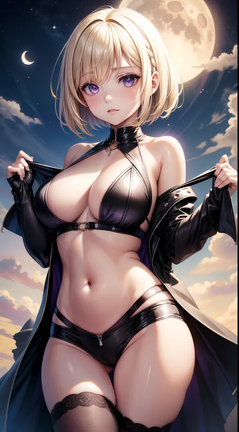 young girl, short blonde hair, Bob hairstyle, violet eyes, Black and white tight magic dress, open belly, open breasts, Wide neckline, The Sun and the Moon, Masterpiece, hiquality