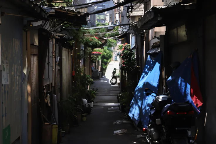 There was a man riding a motorcycle down a narrow alley, tokyo alleyway, in narrow tokyo alleyway, shady alleys, in a narrow chinese alley, alleys, alley, Back alley, narrow and winding cozy streets, alleys, street japan, japanese neighborhood, In an alley...