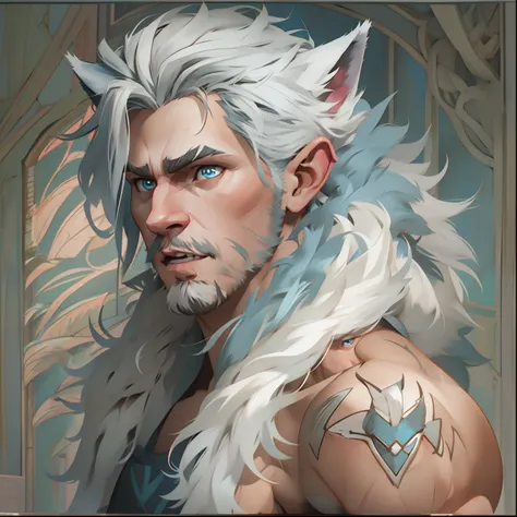 athletic young adult male with light beard, has flowing white hair, has wolf ears, has wolf tail, shirtless, playful, solo, alon...