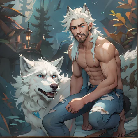 athletic young adult male with light beard, has flowing white hair, has wolf ears, has wolf tail, shirtless, playful, solo, alon...