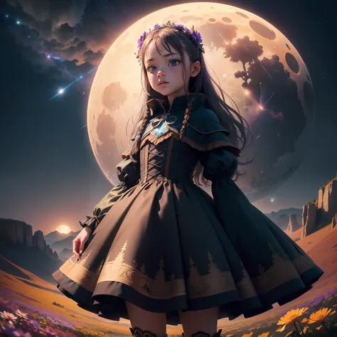 Expansive landscape photograph, (view from below with a view of the sky and wilderness below), little girl standing in a flower field looking up, (full moon: 1.2), (shooting star: 0.9), (nebula: 1.3), distant mountain, tree break production art, (warm ligh...