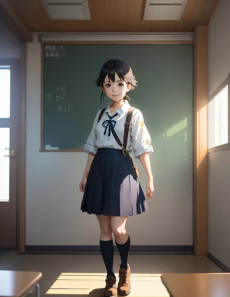 A happy little girl playing with toys in the classroom, Wearing a schoolboy uniform，Simple art inspired by the visual style of Studio Ghibli, Baroque oil painting, anime big breast, key vision, Full body portrait, character conceptual art,  brutalista grim...