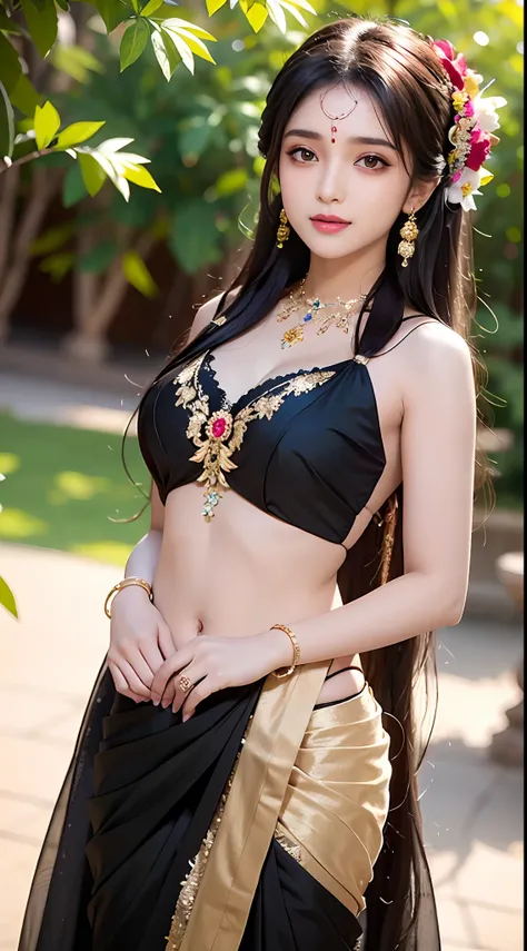 8K, ultra high detailed, an indian girl, cute face, happy, long hair, impressive hairstyle, detailed eyes, detailed lips, indian clothes, saree, black saree, lace, wearing jewellery, nature background, flowers, afternoon, shadow, clear weather, whole body ...