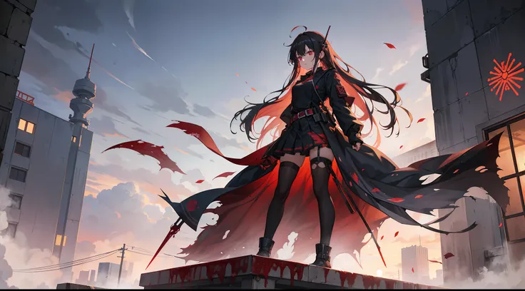 full body,Blood Mist, background_Urban rooftop,1 girl,despair,blood sakura,((masterpiece)), (((best quality))), ((ultra-detailed)), ((illustration)), ((disheveled hair)),Blood Cherry Blossom,torn clothes,crying with eyes open,solo,Blood Rain,bandages,Gunpo...