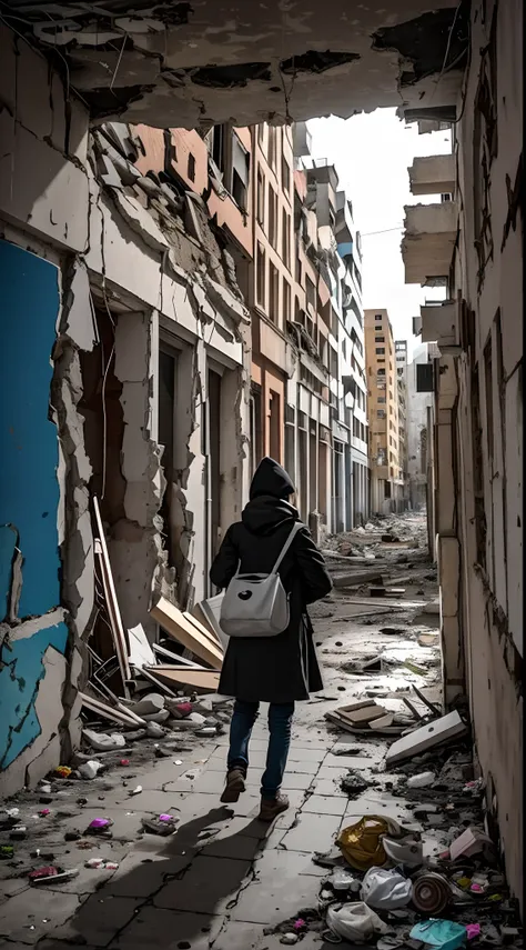 In a bombed, ruined cityscape, The streets were shelled，damaged streets，Destroyed modern building on the left side of the street, The windows shattered，（Far Side 1 girl，Pick up garbage，facing away from the audience）， stunning sight,