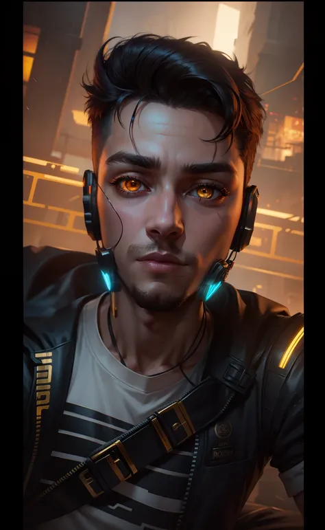 Change background cyberpunk handsome boy . glowing eyes realistic face golden ora 4k