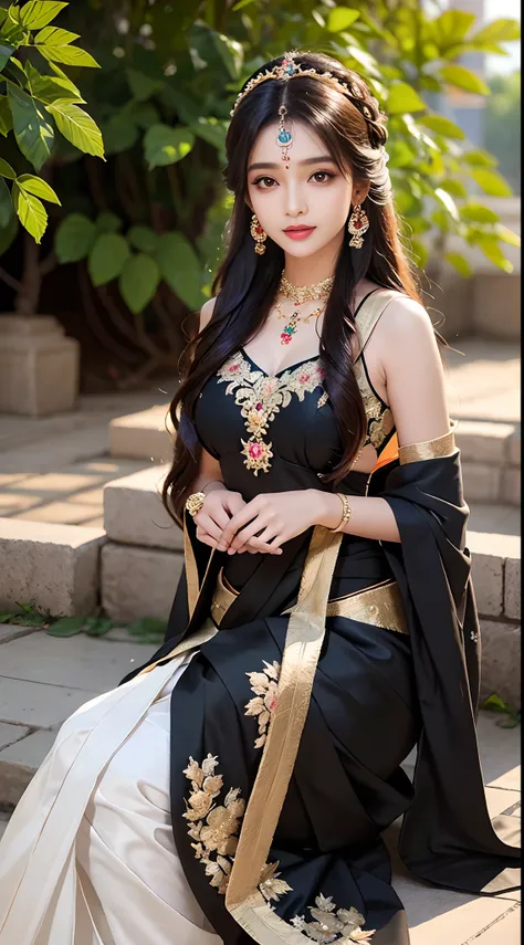 8K, ultra high detailed, an indian girl, cute face, happy, long hair, impressive hairstyle, detailed eyes, detailed lips, indian clothes, saree, black saree, lace, wearing jewellery, nature background, flowers, afternoon, shadow, clear weather, sitting, wh...