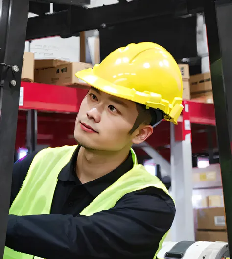 Chinese men in yellow safety vests and hard hats in a warehouse, Portrait shooting, inspect in inventory image, Close portrait, on a dark background, confident looking, contemplating, advertising photograph, Background, looking confident, Fine portrait, Ma...