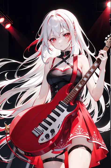 Wearing a red and black dress，Red and blue heterochromatic pupils，long  white hair，dual horsetail，a beauty girl，Holding crimson Gibson LP electric guitar，performing on stage，In front stands a microphone stand，The spotlight hits the girl，Other places are di...