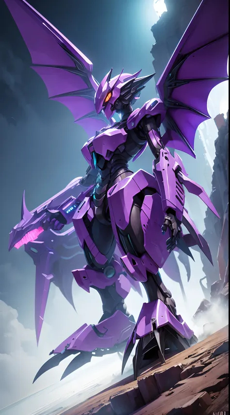 mecha monsters, mechanical pterosaurs, dinosaurs with huge wings，cyberpunk sci-fi style，purple mech color