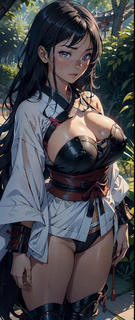 1female，35yo，Huge breasts， 独奏， Samurai of Japan，is dressed in armor， Pornographic exposure，ln the forest，  She has long flowing black hair， Bare genitalia，Sateen，Bigchest， From the front side， Wet straight hair， Sweating profusely，mostly cloudy sky，（tmaste...