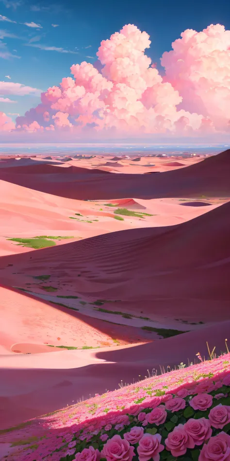 Summer, desert, pink clouds, a land overgrown with roses, James Gurney, art station rendering, ultra-wide lens, high definition