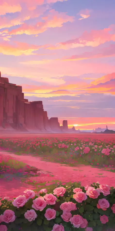 Summer, desert, pink clouds, a land overgrown with roses, James Gurney, art station rendering, ultra-wide lens, high definition