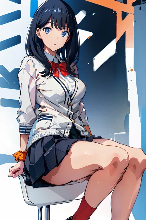 masterpiece, best quality, highres, takarada rikka, rikka1, 1girl, takarada rikka, black hair, solo, blue eyes, wrist scrunchie, long hair, red socks, school uniform, black skirt, bangs, pleated skirt, orange scrunchie, red bow, white cardigan, long sleeve...