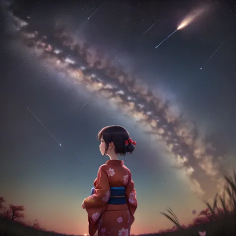 One, distant girl in kimono staring at the stars (reduced: 1.1), (meteor shower: 1.2), (comet: 1.1), your name, low angle, from behind, arrow labrealis shooting star, yukata, red kimono, cherry blossoms, highest quality standing in the field, masterpiece, ...