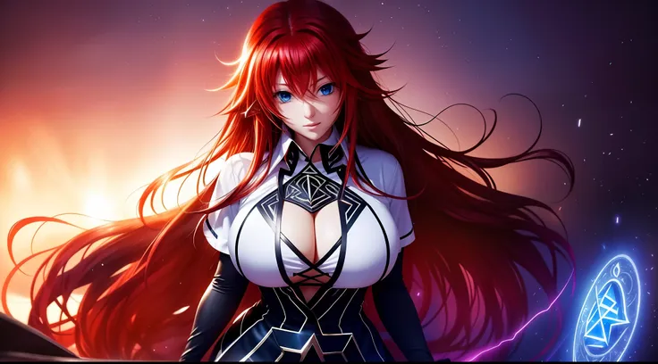 focused upper body, 1 girl, rias gremory, white shirt, black skirt, big breast bust, sparkling eyes, (((magic rune background)))...