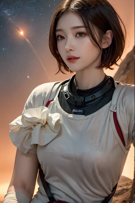 top-quality、​masterpiece、超A high resolution、(realisitic:1.4)、Beautiful adult woman、Beautiful detail eyes and skin、ssmile、Light brown short-cut hair、The perfect spacesuit、spaceships、Desolate and mysterious planet、There are dinosaurs in the distance、Red sky、