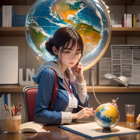 Masterpiece, upper body photo-realistic student studying with a globe, symbolizing research.