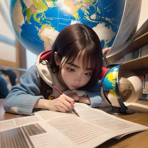 Masterpiece, real photo, upper body photo-realistic student studying with a globe, symbolizing research.