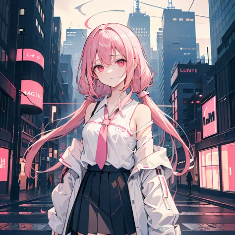 1girll, Solo, Loli, Petite, (Very_Long_Hair), (Pink_Hair:1.2), pigtails, (Red_Eyes), mediating_Breasts, (White_shirt:1.5), ，(wind coat), (Off_Shoulder:1.2), (Portrait), Glowing_Eyes, Background_Light, (Cityscape:1.5), (the pleated skirt, )(neonlight_lamp l...