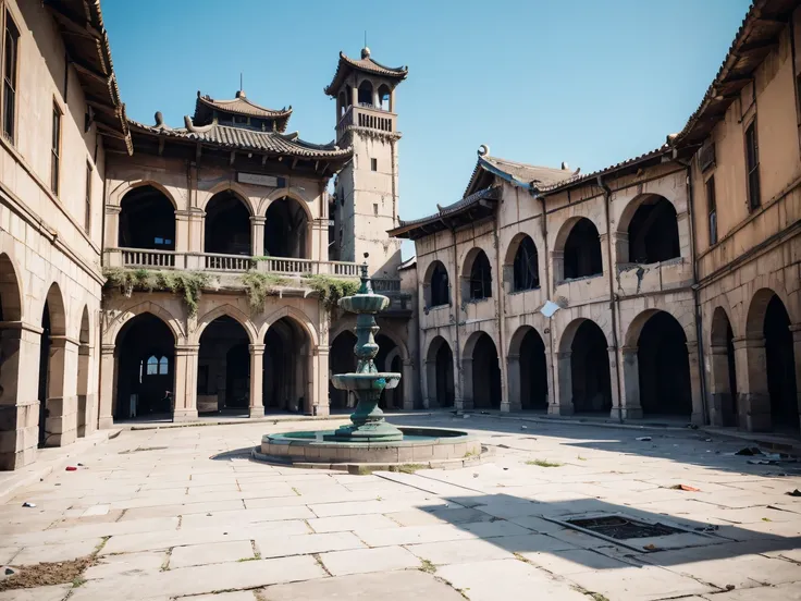 ，Masterpiece, Best quality，8K, 超高分辨率，（desolated，nihility，clutter），The central square in this abandoned city，A huge bell tower rises into the sky。The bell on the bell tower has rusted and faded，Quietly point to twelve midnight，Its as if time stands still he...