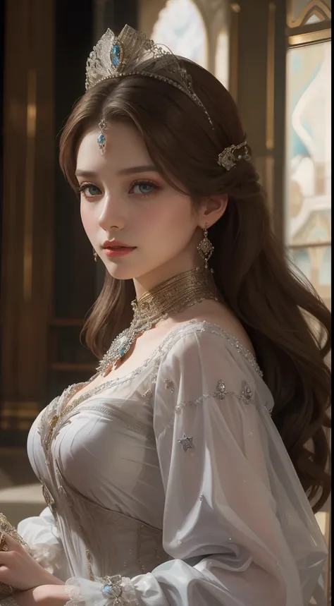 tmasterpiece，Highest image quality，Beautiful bust of a royal lady，Delicate brown hairstyle，The silver eyes are clear，Embellished with a dazzling array of intricate jewelry，super detailing，upscaled。