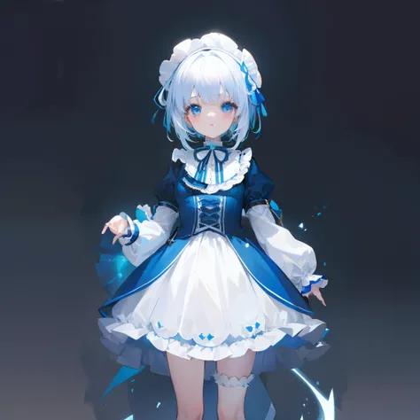 Short white fluorescent hair，Lolita wearing a blue and white match，She is a cute and cute loli girl