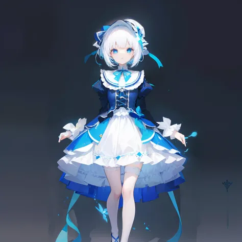 Short white fluorescent hair，Lolita wearing a blue and white match，She is a cute and cute loli girl