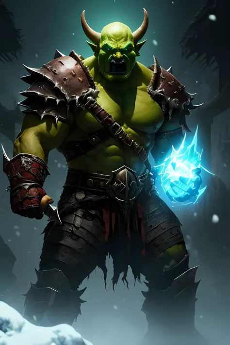 (papel de parede 8k extremamente detalhado), An average photo of a fearsome necromancer Orc, intrincado, alto detalhe, Dramatic