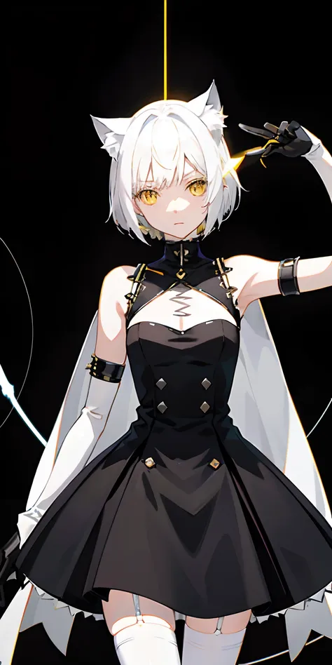 Short white hair,Yellow eyes,There are metal cat ears on the head,Sideslit,light particules,White wallpaper,The left hand is a semi-robotic arm，The right hand is a normal arm，Wear black stockings，Wear a black dress，A pure and cute girl，Short height，Slightl...