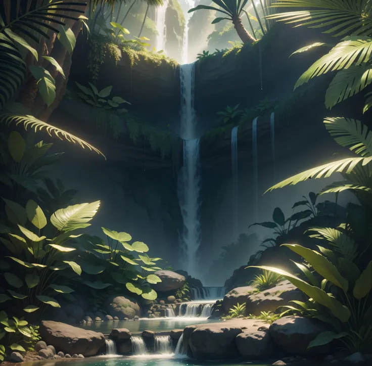 tropical paradise Intricate details, very realistic, cinematic lighting, volumetric lighting,ultra realistic detailed masterpiece wonderful amazing with path of rivers into the jungle that at the end is a beautiful waterfall with luminous reflections, hype...