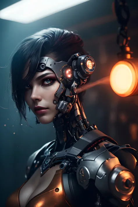 a beautiful woman cyborg warrior in the Style-RustMagic, cyberpunk augmentation, cyberware, cyborg, carbon fiber, chrome, implants, metal skull, cyber plate armor, (dark atmosphere:1.2), (fog & smoke), (dark night:1.3), scars, (dark medium length dishevele...