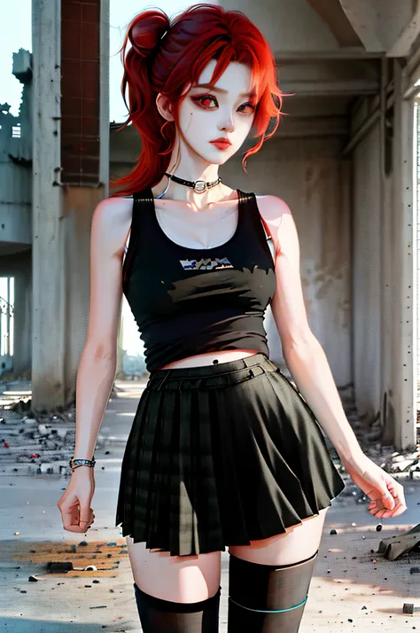 pov,(ruins),((neat figure)),red_hair/red_eyes,skirt_lift,((torogao)),(tank top),(((black pleated skirt))),short_ponytail,black_thighhighs,sneakers,