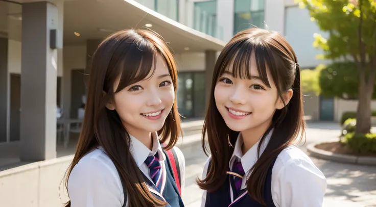 Depicts two attractive schoolgirls sharing friendship and smile。We were chatting while having fun.、Spend time in the school building。Their friendly relationship and radiant smiles、In harmony with the ambient brightness。