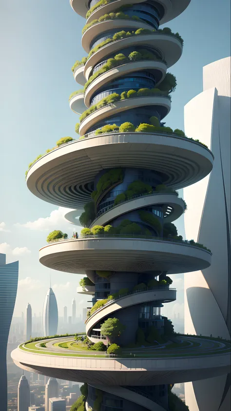 spiral building with a green roof and a sky background, futuristic tower, futuristic skyscraper, twisted giant tower, inspired by Zha Shibiao, two organic looking towers, by Zha Shibiao, future architecture, flawless structure, futuristic architectural art...