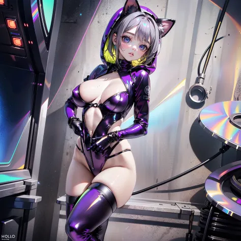 (masterpiece:1.2, best quality),holographic clothing,(((holographic metallic purple suit))) with ((buttons and cables)), neon green hair, orange golden eyes, thigh high holographic socks, big crystals, realistic anime, (intricate details, depth of field, i...