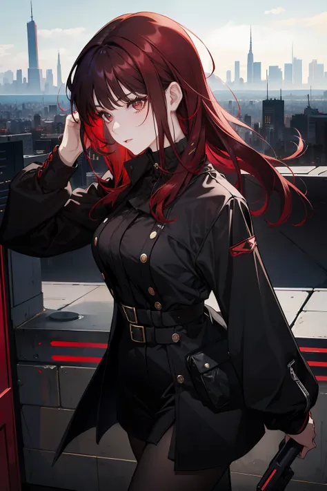 1 girl, solo, dark red hair, badass girl, seductive, modern city background, black outfit, different hairstyle, short and long hair