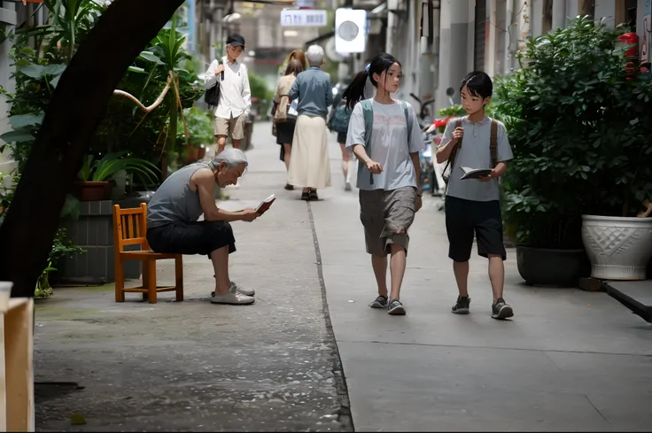 Alley after rain，The gray-haired grandfather on the left sits on a small chair，Book in hand，A pair of siblings on the right of the picture have just returned home from school，There was talk and laughter along the way，There is a group of people taking pictu...