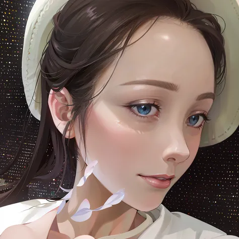 There was a woman wearing a white hat and a white shirt, pale milky white porcelain skin, clear cute face, Cute natural anime face, beautiful aesthetic face, girl cute-fine face, cute delicate face, yanjun cheng, dilraba dilmurat, beautiful Japanese girl f...