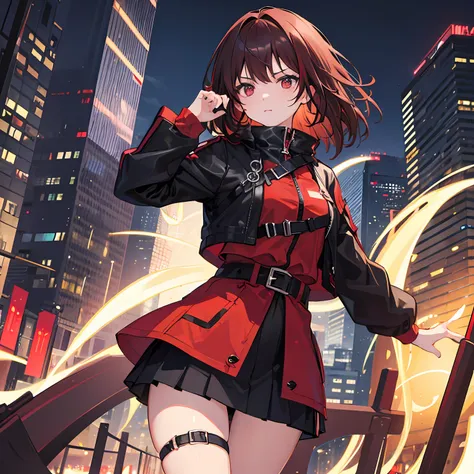 1 girl, solo, red dark hair, black outfit, modern city night background, badass, seductive