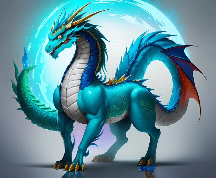 Brightly colored horses with a long tail and a tail with a long tail.., Mythical Creatures, chinese dragon concept art, smooth chinese dragon, cyan chinese dragon fantasy, Mythical Creatures, Fantasy Creatures, Rainbow Fluffy Dragon, Digital paintings of Q...