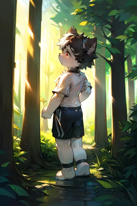 Libido boy，furry wolf，((Shota)), Black and white hair, Very good figure, Handsome，adolable, Light：Extreme light and shadow, Reflective skin,Reddish skin，((worn-out clothing，Commoner)) ，((Deep in the forest，Stone path，Signs，独奏，solo person))，Outdoor sunset，(...