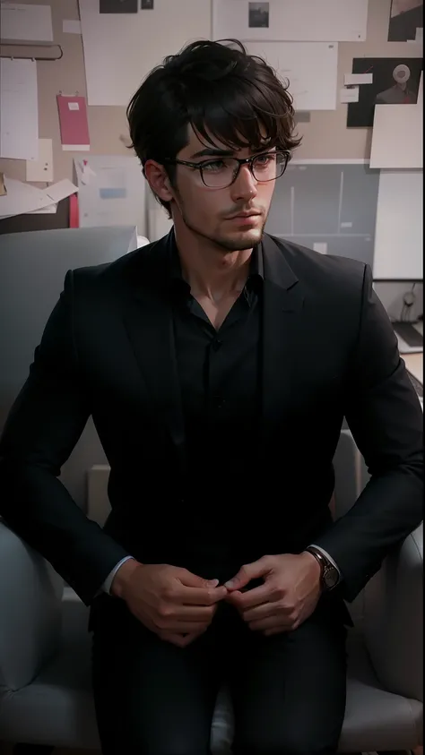 Change this image to a handsome boy wearing a three piece official suit and sitting in office, realistic