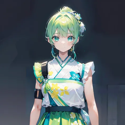 Clear green fluorescent short hair，Has a short double ponytail，The ponytail is tied with a soft yellow strap，Wearing a white uniform for Japanese high school girls，It has cyan floral ornaments and yellow patterns，Exceptionally beautiful，She is a milky and ...