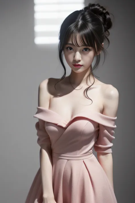 ((10: 1.27), top-quality, master-piece, ultra-high resolution: 1.2) Photos of cute Japanese women (attractive:1.1),dark gray background,Pink open-shoulder diamond dress,Beauty style,good anatomy,Supermodel Style