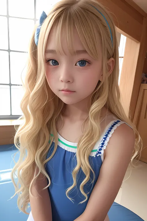 top-quality、超A high resolution、a picture、a photo of a cute girl、A detailed face、(pureerosface_v1:0.008)、alice in the wonderland、8years old、Blonde wavy hair、School swim wear、without makeup、