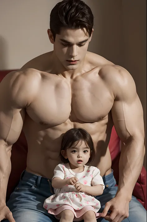 A man and a baby, Baby girl standing next to the man, This little girl is 10 years old, Good-looking muscles, Wide shoulders, Naked men exposed, nakeness, Mens brunette hair, Short hair, nakeness, Tall figure, Robust muscles, Cowboy shot, Anatomically corr...