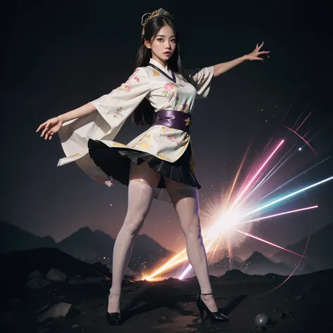 (full body:1.5)，(1girl:1.3),(view the viewer:1.4)，(anatomy correct:1.45),(Dancing on high mountain peaks:1.3),(very thick printed pantyhose:1.4),( Chinese woman Wear printed fantasy imperial robe style JK student uniform pleated skirt and uniform pointed h...